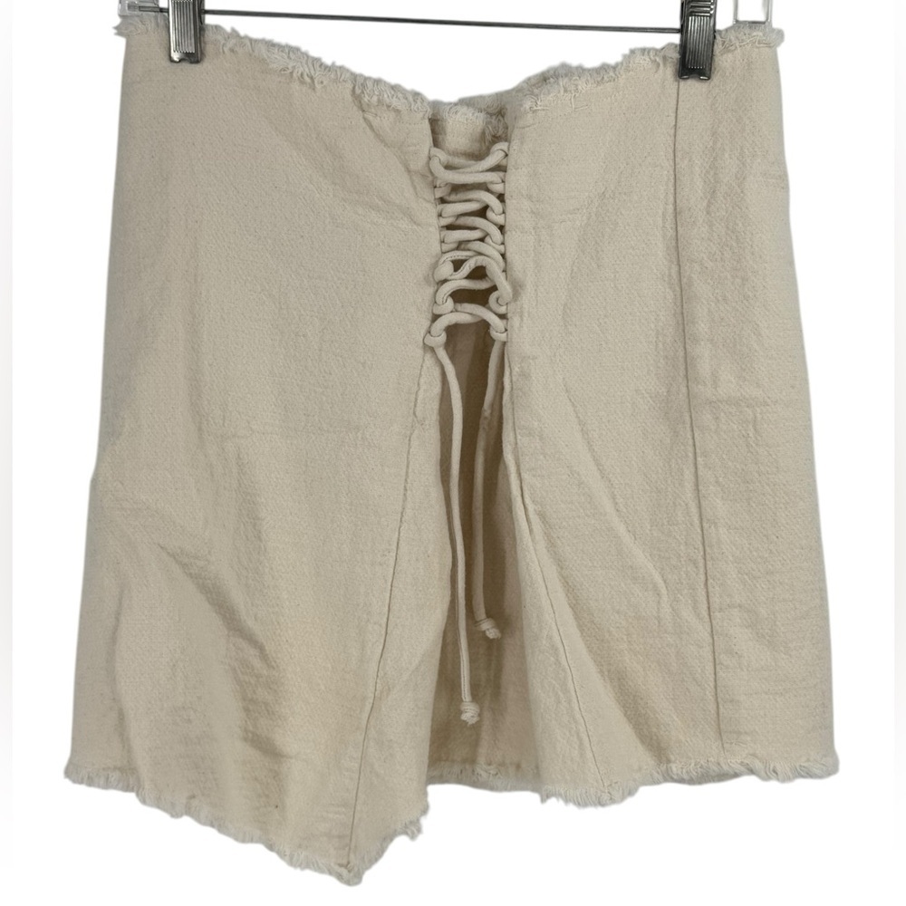 Mango Committed Cream Organic Cotton Lace-Up Mini Skirt, Boho Resort Coastal